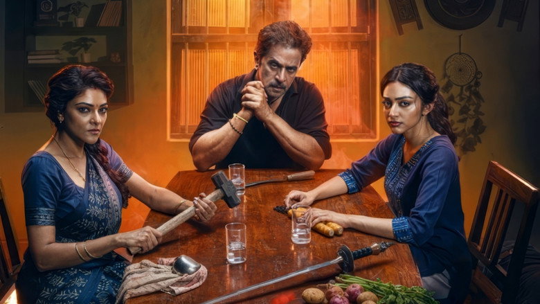 A family stands in a dimly lit living room, their faces tense as they prepare to defend themselves against unseen attackers.