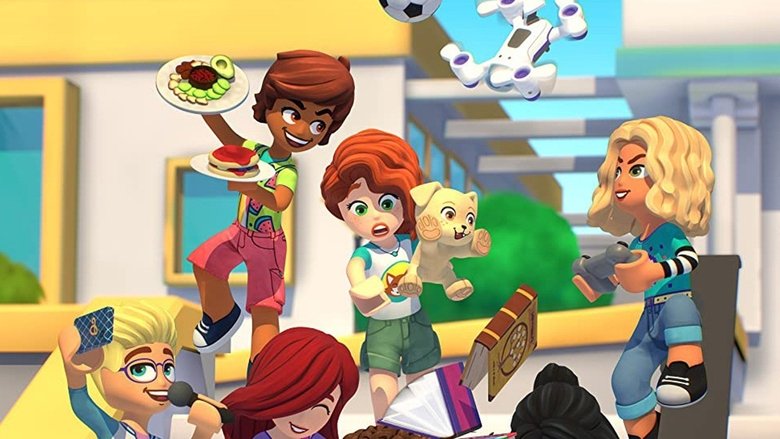 Five Lego Friends characters standing in a sunlit classroom, their blocky faces tilted toward each other in conversation
