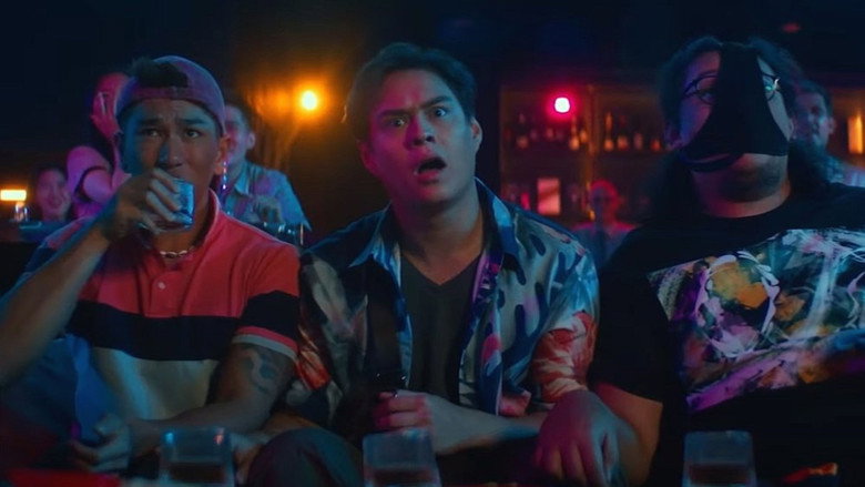 A chaotic street scene in Bangkok, where Luis and his friends navigate the neon-lit chaos of their mistaken identity.