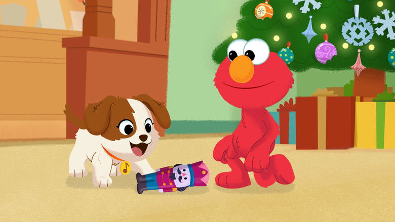 Elmo holding the wooden nutcracker toy with a sense of wonder