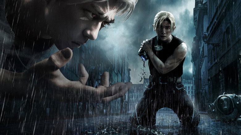 The brothers stand in a ruined city, their faces half-lit by the glow of alchemical symbols