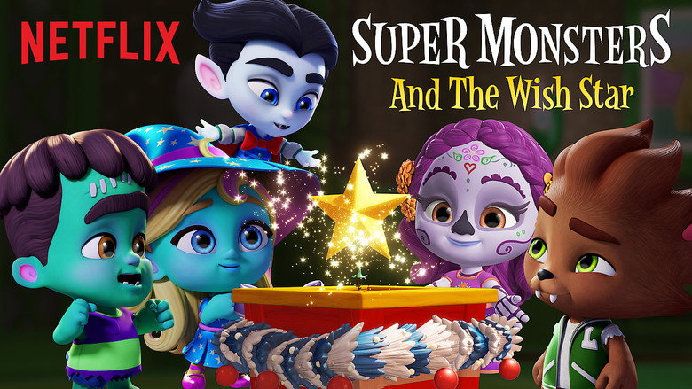 A cozy, dimly lit living room where the young monsters gather around a glowing Christmas tree, their shadows stretching long and exaggerated across the walls.