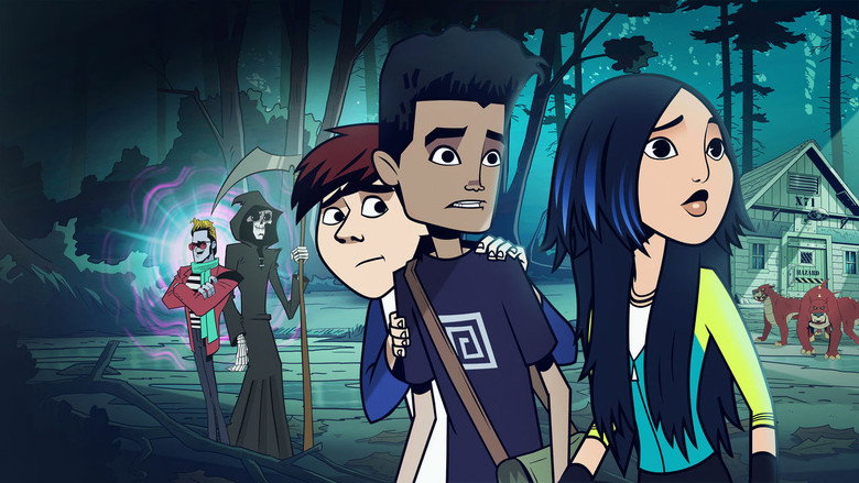 Three teenagers stand in a surreal, misty forest, their expressions a mix of confusion and determination.