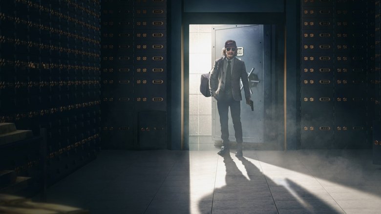 A shadowy figure in a ski mask counts stacks of cash, the glow of a bank vault behind him