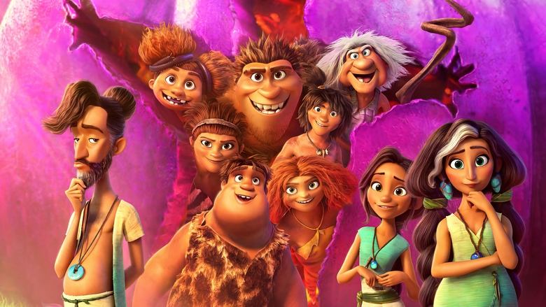 The Croods look out at the landscape, wide-eyed and primitive.