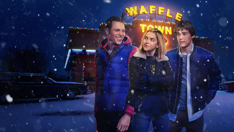 A group of teens huddled together in a diner booth, their faces lit by the warm glow of Christmas lights, snow falling outside the window.