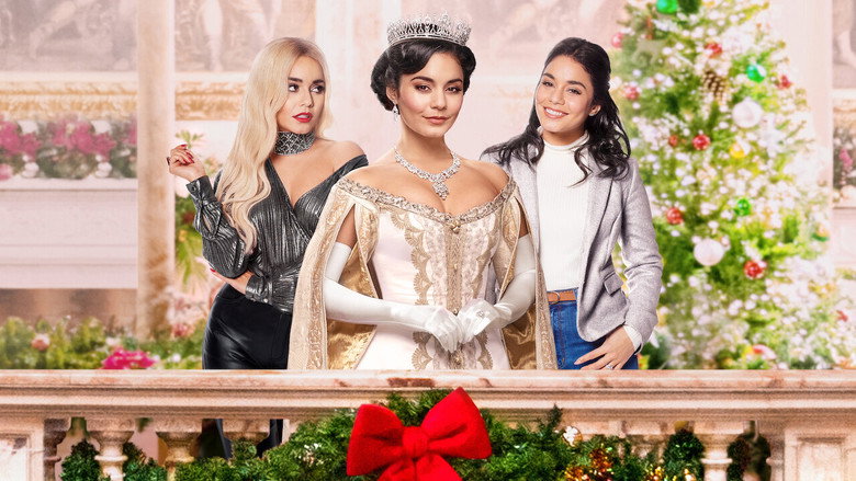 A grand ballroom, bathed in warm golden light, with Vanessa Hudgens in a shimmering gown standing at the center of a crowd, her expression caught between amusement and exasperation