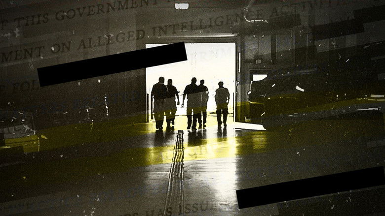 A tense reenactment scene, with operatives in shadowy lighting, their faces partially obscured