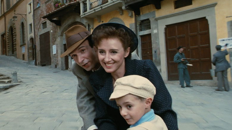 Guido walking carefully through the bleak camp environment