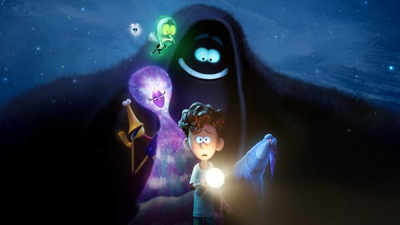 Orion and Dark floating against a starry night sky, the boy clinging to the giant, grinning figure as they drift through the cosmos.