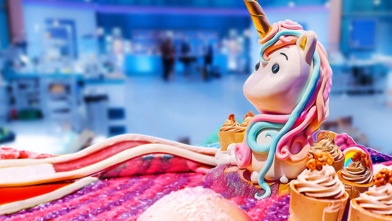 A team of bakers and engineers huddle over a half-built edible bridge, tools and icing bags scattered across the table