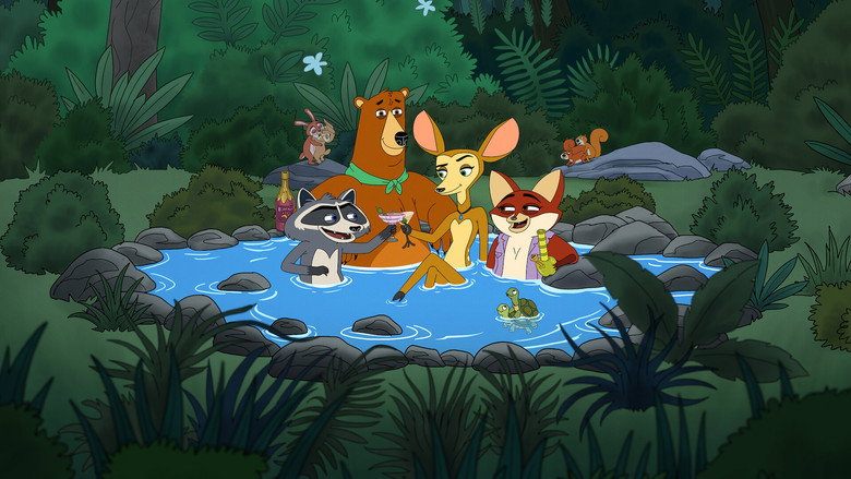 A raccoon in a kerchief leans against a tree, smirking, while a deer and a bear look on with exasperated expressions