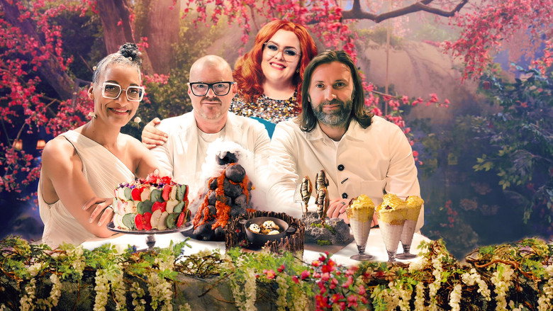 A contestant presents a dish in the lush, overgrown edible set of *Crazy Delicious*, the mossy walls and hanging herbs framing the moment like a fairy tale.