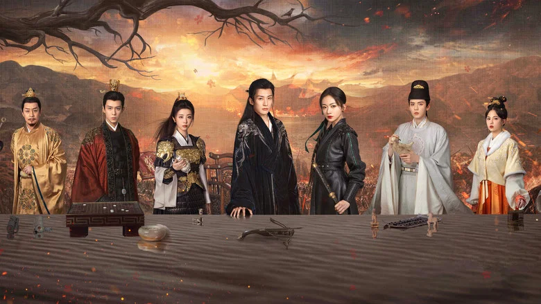 A dimly lit chamber where Mei Lin, dressed in assassin’s blacks, crouches behind a screen, her dagger glinting in the candlelight as Murong Jing He pours tea, unaware.