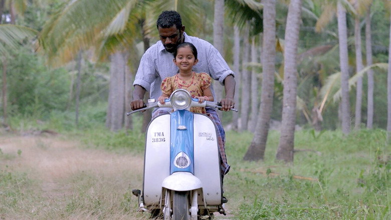 A man and a young girl walk down a dirt road at dusk, their shadows stretching long behind them.