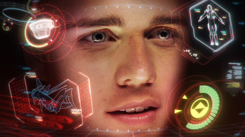 Four teens in hoodies stand in a dimly lit alley, their faces half-lit by the glow of a holographic interface floating between them.
