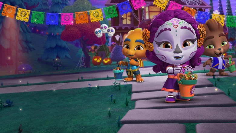 The Super Monsters and Vida gather around a glowing altar, marigolds and candles casting warm light on their faces