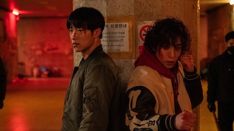 Gun-woo and Woo-jin mid-fight, their faces streaked with sweat and blood, the neon glow of the alley reflecting off their skin