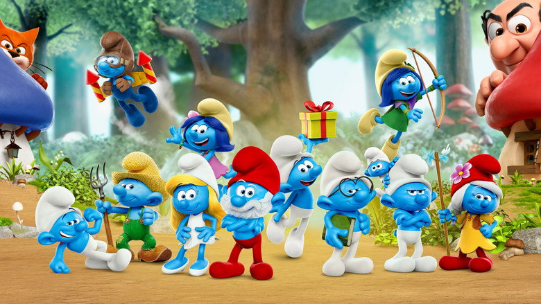 A wide shot of Smurf Village, its mushroom houses glowing under a soft blue sky, each one neatly labeled with a Smurf's name.